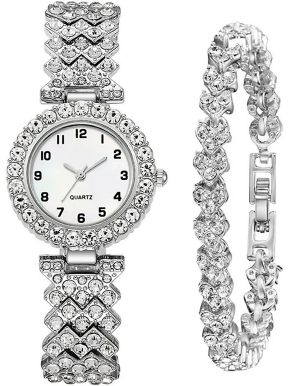 Women Silver Analog Fashion Diamond Bangle Bracelet Set Luxury Round Wrist Watch